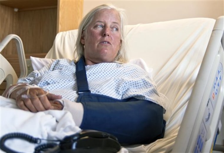 Deb Freele, 58, of London, Ontario, Canada recovers at West Park Hospital in Cody, Wyo. on Thursday. She was one of three people attacked by a bear at Soda Butte Campground near Cooke City, Mont. 